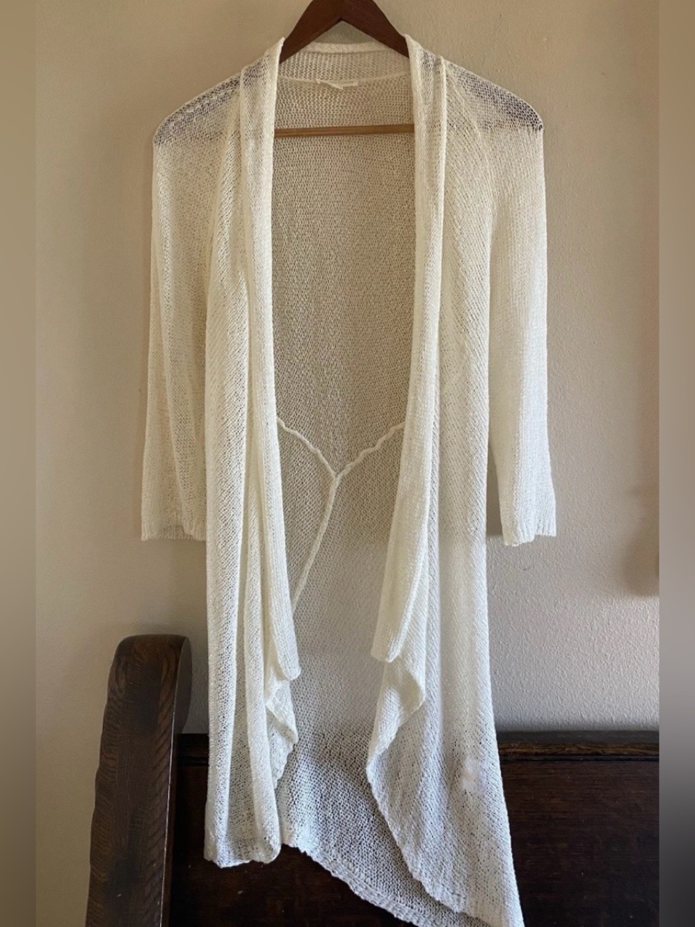 Eileen Fisher Ivory Linen Blend Asymmetrical Mesh Knit Cardigan